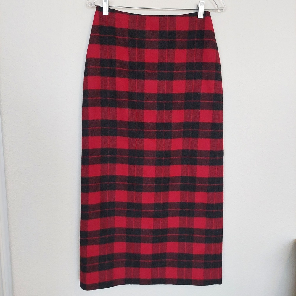 Vintage Nine & Company Red‎ Black Plaid Wool Blend Pencil Maxi Skirt Size 4